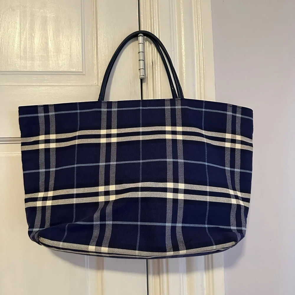 Burberry Navy and Cream Plaid Canvas Tote